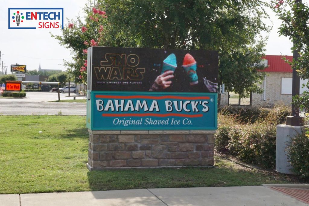 Bahama Bucks Attracts Business by Advertising Snow Cones and Specials on their LED Sign During the Texas Summer